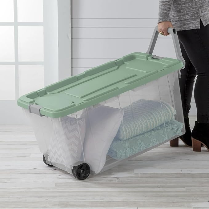 40-Gallon Wheeled Storage Bins (2-Pack) - Heavy Duty Plastic Totes with Lids & Handles - Industrial Garage/Utility Containers for Tools, Camping Gear (36.9" x 21.4") (Clear/Green)