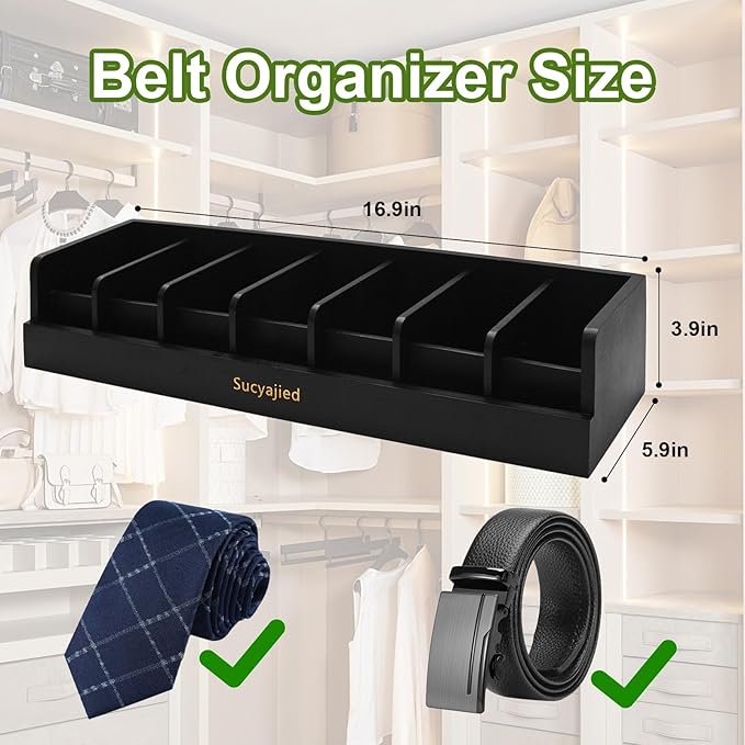 Belt Organizer, 7 Compartments Belt Organizer for Closet and Drawer, Belt Holder Case for Tie and Belt, Bamboo Storage Box for Men and Women (Black, 7)