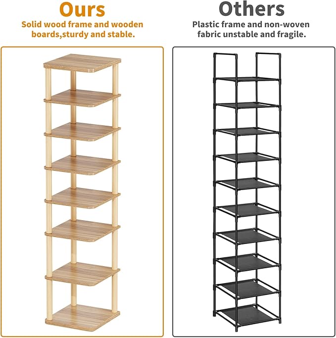 LUCKNOCK Vertical Shoe Rack, 8-Tier Tall Narrow Shoe Organizer for Entryway, Closet, Dorm & Small Spaces, Freestanding Wooden Shoe Shelf Tower for Boots, Sneakers, Heels. (Walnut)
