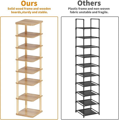 LUCKNOCK Vertical Shoe Rack, 8-Tier Tall Narrow Shoe Organizer for Entryway, Closet, Dorm & Small Spaces, Freestanding Wooden Shoe Shelf Tower for Boots, Sneakers, Heels. (Walnut)