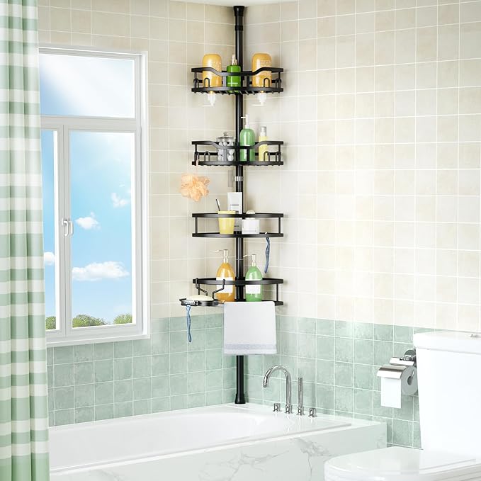 HAMITOR Corner Shower Caddy Tension Pole: Rustproof Stable 4-Tier Bathroom Organizer Shelves for Bathtub Shampoo Storage - 47-121 Inch Quick Install Adjustable Standing Rack with Soap Rack - Black