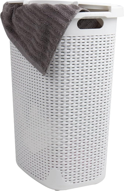 Mind Reader Slim Laundry Hamper with Lid, 60L Tall Clothes Basket, Narrow Tapered Design for Bathrooms, Closets and Laundry Rooms, Plastic, 2 Pack, White