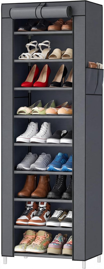 SONGMICS HOME Shoe Rack 10-Tier, Tall Narrow Metal Shoe Organizer with Dust Cover, 11.2 x 19.1 x 63.2 Inches, Vertical Storage Cabinet for Closet Entryway, Gray