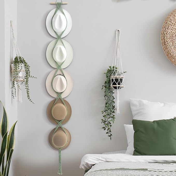 Yulejo Macrame Hat Hangers Racks Boho Cowboy Hats Holders Western Display Organizer Storage decor Back of Door for Wall(Sage Green,Five Hats Style)