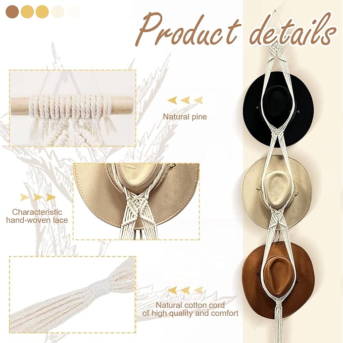 Gute Boho Macrame Hat Hanger Wall Hanging - 3 Hat Capacity Woven Organizer for Wide Brim, Fedoras, Sun Hat & Cowboy Hat Display (White)