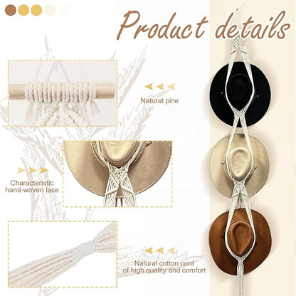 Gute Macrame Hat Hangers, Boho Hats Rack for for Wall Hanging, Black White Woven Women Hat Holder Organizer for Wide Brim and Fedoras Sun Hat Cowboy Hat Display(White,6 Hat Style)