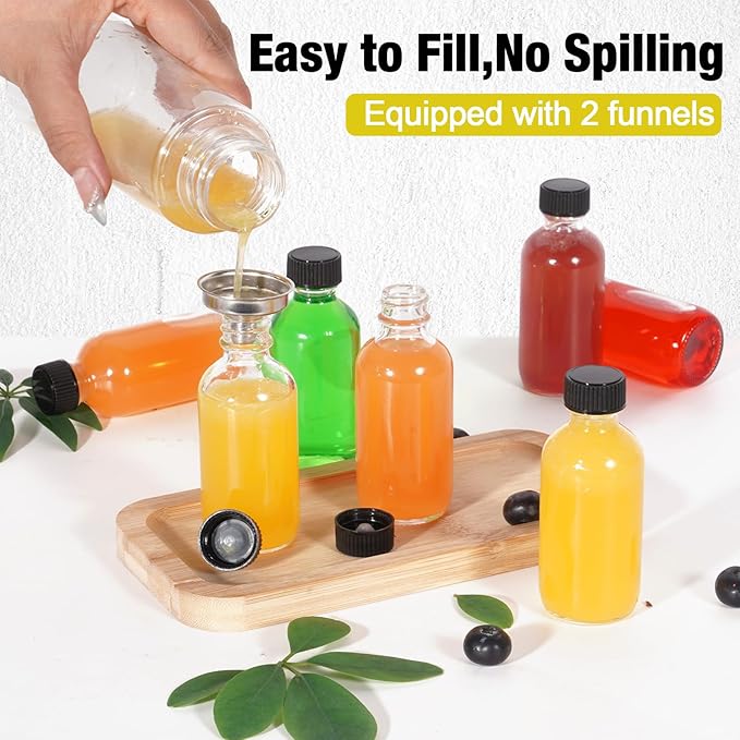2oz Small Clear Glass Bottles with Lids, 1 Stainless Steel Funnel, 4 Labels,1 Brush - 60ml Reusable Boston Bottle for Juice, Ginger Shot, Wellness, Oils, Whiskey, Liquids - Leakproof Travel Bottle