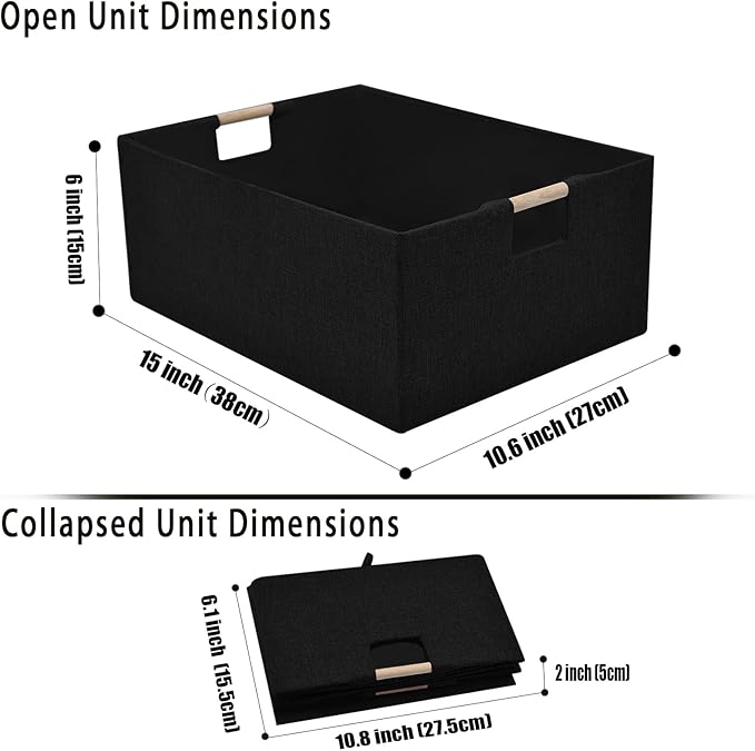 xianshengle Fabric Storage Basket for Shelves, Collapsible Storage Bins with wood Handles, Rectangle Closet Baskets, Wardrobe Organiser, for Sorting Clothes, Family Items (Black) (1)