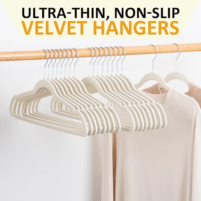 Velvet & Slim Felt Hangers 50 Pack, Beige 360 Swivel Hook Non-Slip Adult Hangers for Coats, Pants & Dress Clothes