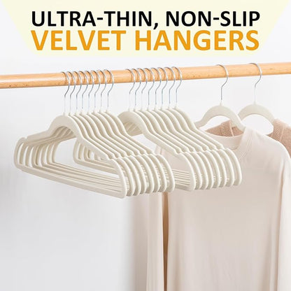 Velvet & Slim Felt Hangers 50 Pack, Beige 360 Swivel Hook Non-Slip Adult Hangers for Coats, Pants & Dress Clothes