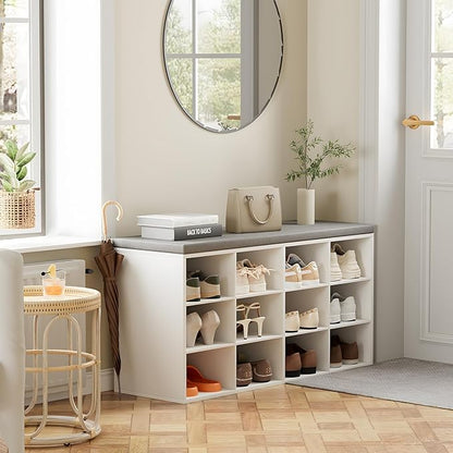 Aenuert 12-Cubby Shoe Rack with Cushion, 3-Tier Wood Shoe Organizer, Multifunctional Shoe Organizer Bench for Entryway, Mudroom, Hallway, Closet,36.22 * 11.81 * 17.7 Inch, White