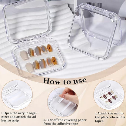 Press on nail storage 14 PCS Acrylic Nail Storage Box - Portable Versatile Organizer for Press - On Nails, Jewelry and More with 60 Pcs Adhesive Double Sided Tape