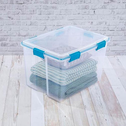 Sterilite 80 Qt Gasket Box, Stackable Storage Bin with Latching Lid and Tight Seal, Plastic Container to Organize Basement, Clear Base and Lid, 1-Pack