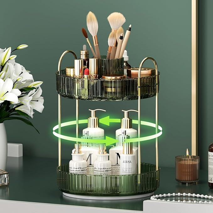 YCIA&DONE Rotating Makeup Organizer for Vanity, Large Capacity Make Up Storage Skin Care Shelf Perfume Holders Cosmetic Dresser Organizer Countertop Spinning 360 (Vintage Green, 2Tiers)