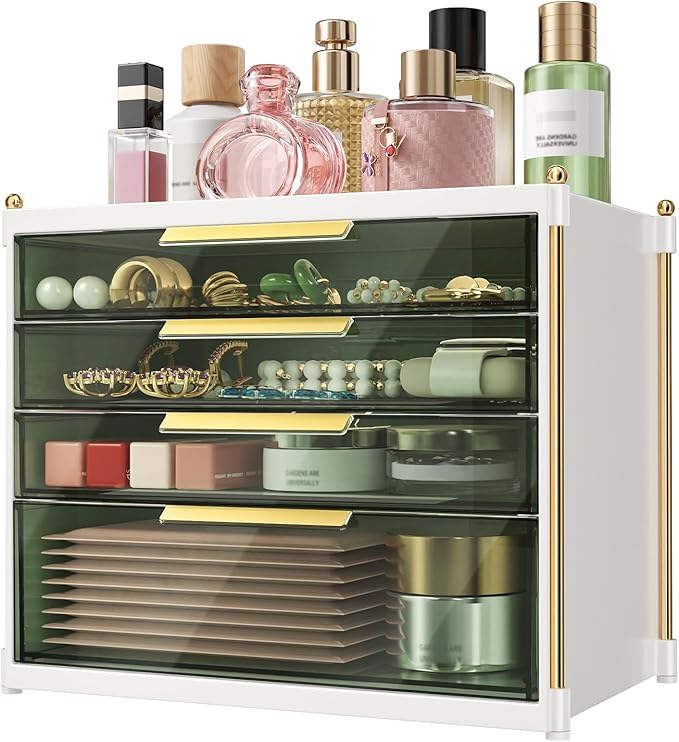 Aveniee 4 Drawers Makeup Organizer- Bathroom Organizers and Storage, Plastic Bins Countertop Perfume Vanity Desk Organization for Cosmetic, Skincare, Face Mask, Jewelry, Green