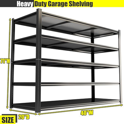Heavy Duty Metal Garage Shelving Unit, 5-Tier Adjustable Storage Shelves, 3000LBS Load Capacity Utility Shelf, Ideal for Garage, Basement, Warehouse, Pantry, Tool Organization, 40" W, Black