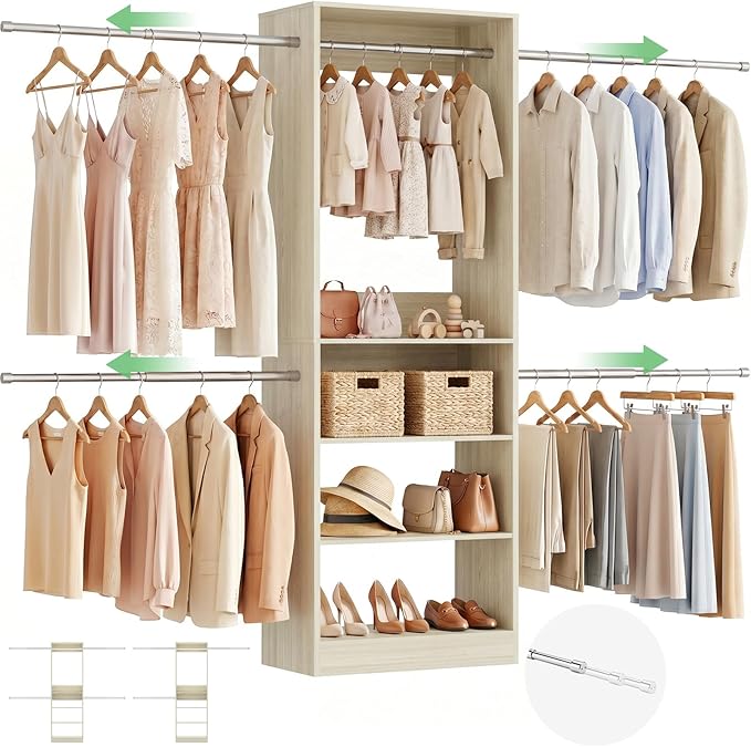 12FT Large Open Closet System, 138'' Wall-Mounted Closet Shelving with 5 Hanging Rods and 6 Shelves, Customizable Wardrobe for Walk-In Closets, Fits 5–12FT Spaces,White Oak