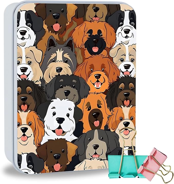 Metal Tin Box Sturdy Metal Storage Box with Lid, Large Container Holder for TCG Cards,Car Keys,Cookies,Tin Containers for Gift,5.0x3.7x1.6 Inch,Exquisite Pattern Design(Cute Cartoon Dog)