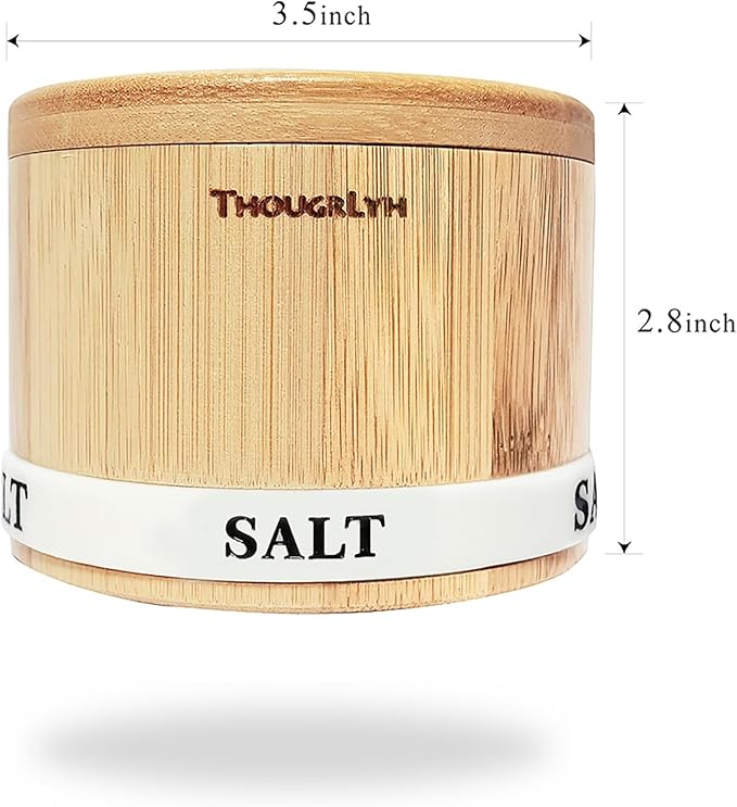 ThougrLyh Salt Box 2Pcs Spice Cellar with Swivel Lid and Spoons Small Bamboo Pepper and Salt Containers with Salt Pepper Labels,Dual 8 oz Capacity Holder for Seasoning and Small Items