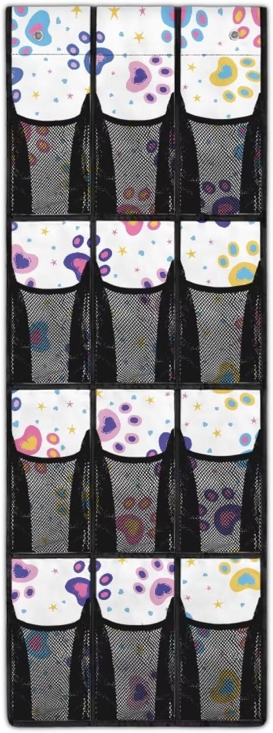 Colored Dog Paw Hanging Storage Bags,Shoe Organizer Door Hanger with 12 Mesh Large Pockets,Space Saver Hanging Shoe Storage Hanging Bag