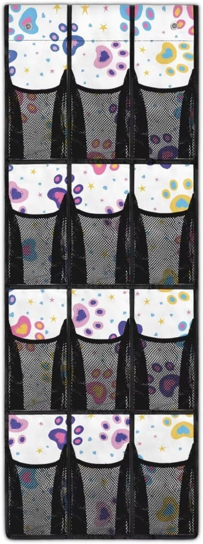 Colored Dog Paw Hanging Storage Bags,Shoe Organizer Door Hanger with 12 Mesh Large Pockets,Space Saver Hanging Shoe Storage Hanging Bag