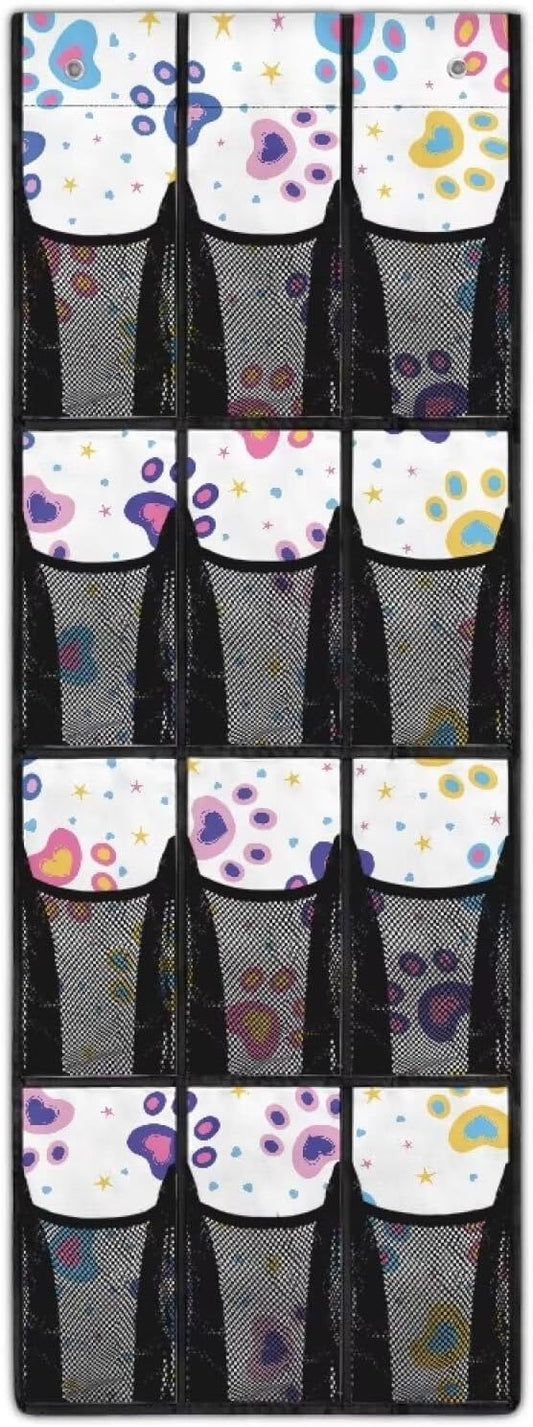 Colored Dog Paw Hanging Storage Bags,Shoe Organizer Door Hanger with 12 Mesh Large Pockets,Space Saver Hanging Shoe Storage Hanging Bag