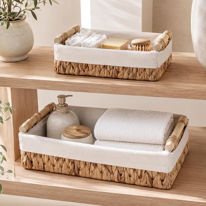 Water Hyacinth Bathroom Baskets for Shelves Set of 2 with Linen Liner & Wooden Handles – Wicker Bathroom Counter Organizer for Vanity, Towels & Toiletries