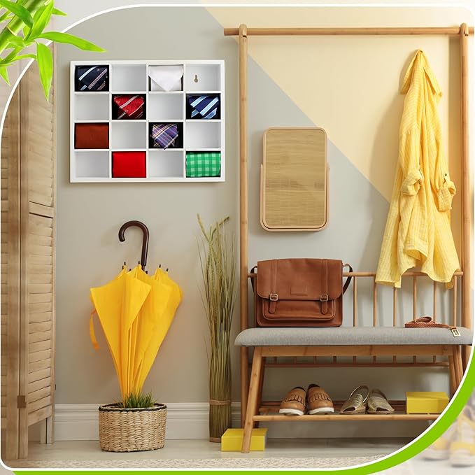 Wesiti Tie Box Organizer Wall Mounted Tie Rack with 16 Compartments Bamboo Belt Holder for Men Scarf Necktie Home Wall Closet(White Color,1 Piece)