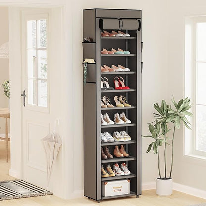 Mavivegue Shoe Rack with Cover, 10 Tier Tall Shoe Organizer for 18-22 Pairs of Shoes, Shoe Storage Organizer for Entryway, Closet, Garage, Grey, S