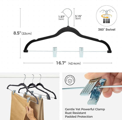 HOUSE DAY Velvet Hangers with Adjustable Clips 10 Pack, Non-Slip Suit Organizer with 360° Hook - Heavy Duty Hanger for Pants, Skirts, Blouses, Dresses - Outfit Hangers All-Season Space Saver (Black)