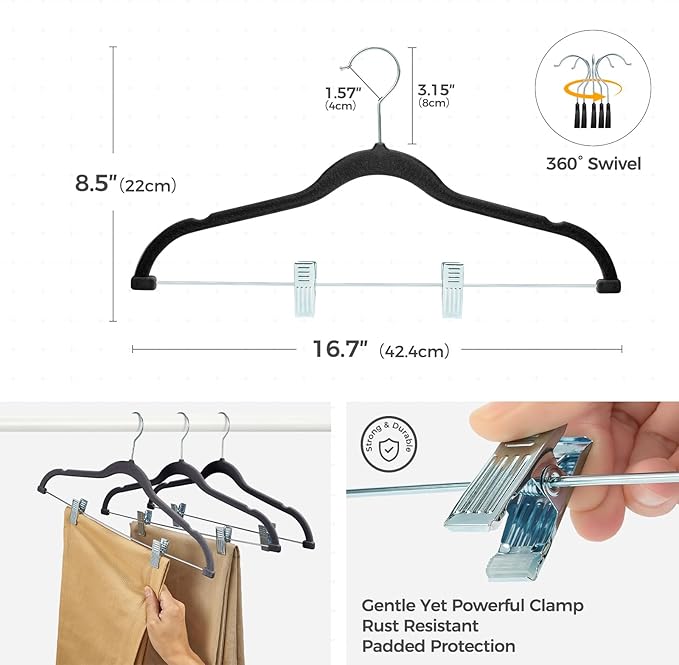 HOUSE DAY Velvet Hangers with Adjustable Clips 30 Pack, Non-Slip Suit Organizer with 360° Hook - Heavy Duty Hanger for Pants, Skirts, Blouses, Dresses - Outfit Hangers All-Season Space Saver (Black)