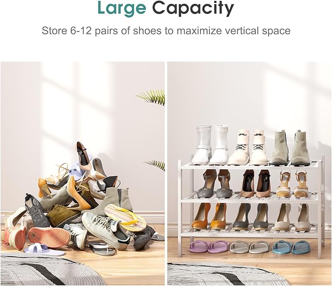 viewcare White Shoe Rack, 3-Tier Bamboo Wood Shoe Rack for Closet, Entryway & Hallway, and Stackable Shoe Shelf Storage Organizer for Indoor and Outdoor
