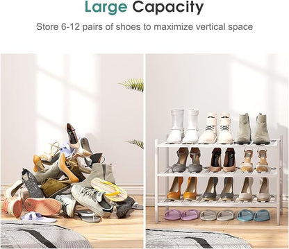 viewcare White Shoe Rack, 3-Tier Bamboo Wood Shoe Rack for Closet, Entryway & Hallway, and Stackable Shoe Shelf Storage Organizer for Indoor and Outdoor