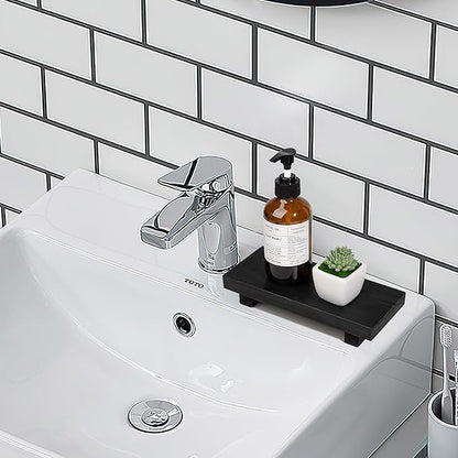 Bathroom Counter Organizer Wood Pedestal Stand Farmhouse Decorative Tray Soap Holder for Kitchen Decor, Small, Black