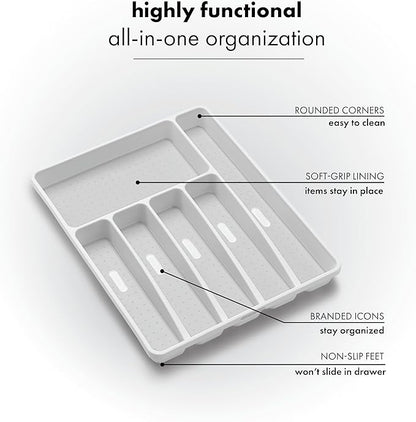 madesmart Classic Large Silverware Tray - White |CLASSIC COLLECTION | 6-Compartments| Kitchen Drawer Organizer | Soft-Grip Lining and Non-Slip Rubber Feet | BPA-Free (Pack of 6)