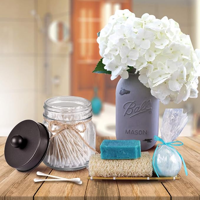 SheeChung Small Mason Jars with Lids - Qtip Holders Set, Bathroom Jars, Bathroom Organizers and Storage for Q-tips, Cottons, Floss, Balls, Cotton Swabs - Bronze