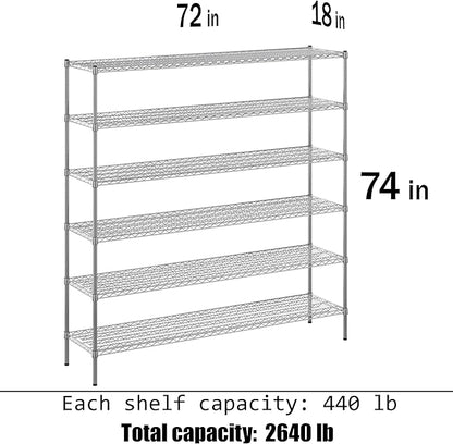 18" Deep x 72" Wide x 74" Height Wire Shelving Kit | 6-Tier | NSF Commercial Storage Rack Unit