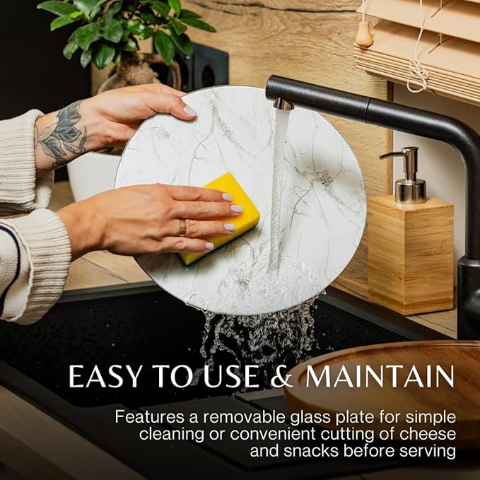 Rickby, 12" Premium Acacia Wood Lazy Susan Turntable for Table Top with Removable Marble Texture Glass Plate, Wooden Lazy Susan for Dining Table Centerpiece & Kitchen Countertop