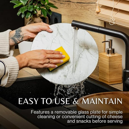 Rickby, 12" Premium Acacia Wood Lazy Susan Turntable for Table Top with Removable Marble Texture Glass Plate, Wooden Lazy Susan for Dining Table Centerpiece & Kitchen Countertop
