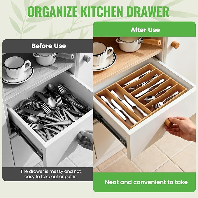 Bamboo Silverware Organizer, Bamboo Kitchen Drawer Cutlery Organizer, Utensil Holder, Flatware Organizer Tray (15.8"x11.7"x1.6")