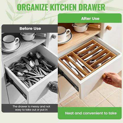 Bamboo Silverware Organizer, Bamboo Kitchen Drawer Cutlery Organizer, Utensil Holder, Flatware Organizer Tray (15.8"x11.7"x1.6")