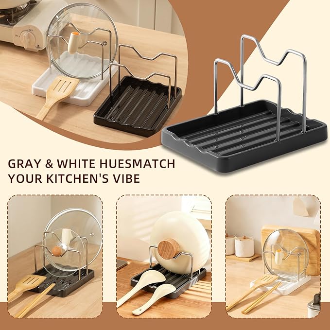 Pot Lid Holder and Spoon Rest, 2-in-1 Kitchen Counter Organizer with Stainless Steel Lid Holder While Cooking and Plastic Utensil Rest, Space Saving Pot Cover Rack for Stovetop and Countertop (Black)