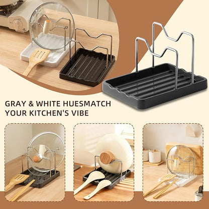 Pot Lid Holder and Spoon Rest, 2-in-1 Kitchen Counter Organizer with Stainless Steel Lid Holder While Cooking and Plastic Utensil Rest, Space Saving Pot Cover Rack for Stovetop and Countertop (Black)
