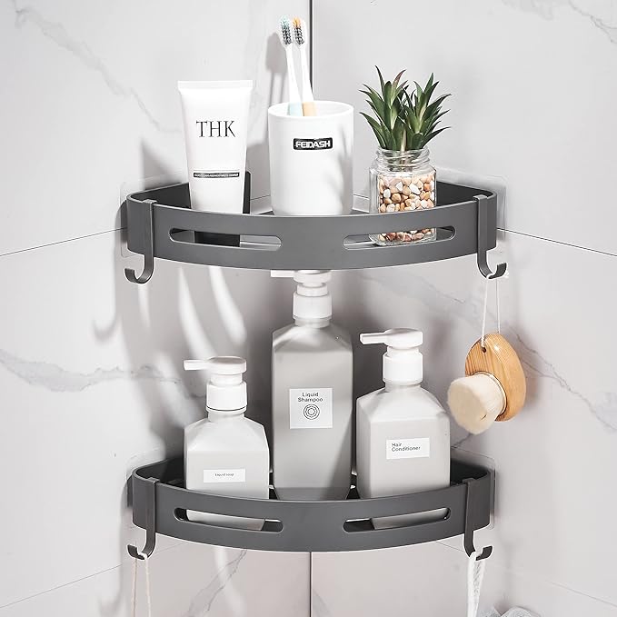 2-Tier Corner Shower Shelf No Drilling Bathroom Shelves Shower Caddies Adhesive Bath Corner Shelf Wall Mounted Bathroom Shower Caddy Organizer - Dark Grey