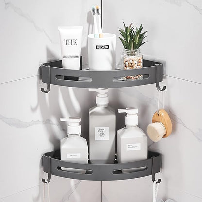 2-Tier Corner Shower Shelf No Drilling Bathroom Shelves Shower Caddies Adhesive Bath Corner Shelf Wall Mounted Bathroom Shower Caddy Organizer - Dark Grey