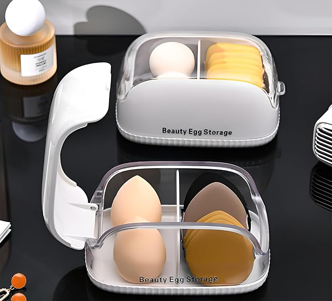 Beauty Blender Holder, Makeup Sponge Holder with Lid, Beauty Blender Organizer, Makeup Sponge Case for Countertop (White Lid)