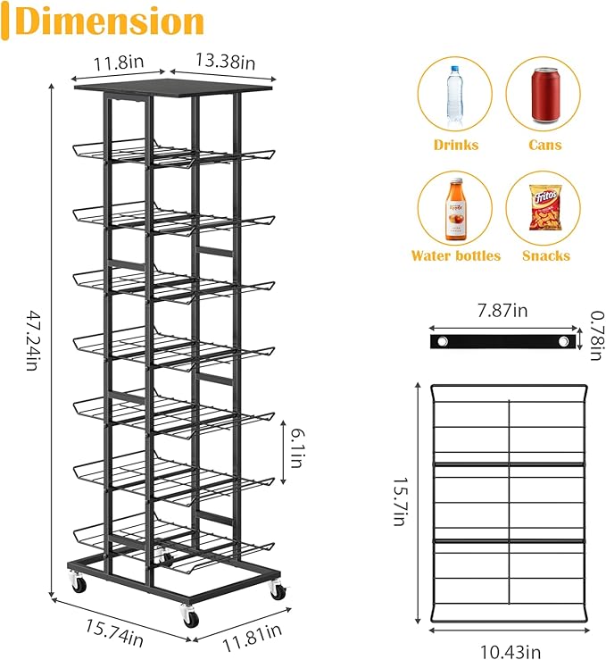 Water Bottle Storage Rack - 7 Tier Free Standing Organizer With Wheels, Mobile Bottled Holder Stand for Floor, Space Saver Metal Beverage Soda Drink Shelf for Kitchen, Outdoor Party