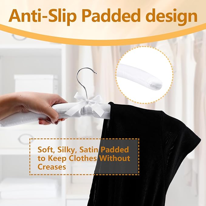 10 Pack Satin Padded Hangers, 17 Inch Large Anti Slip Cushioned Hanger, White Satin Hangers for Women, No Shoulder Bump Bride Hanger for Wedding Dress Sweaters Coat Women Clothes