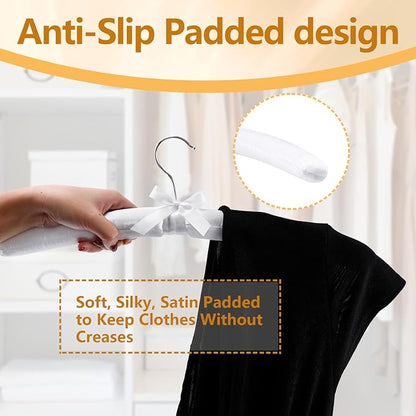 10 Pack Satin Padded Hangers, 17 Inch Large Anti Slip Cushioned Hanger, White Satin Hangers for Women, No Shoulder Bump Bride Hanger for Wedding Dress Sweaters Coat Women Clothes
