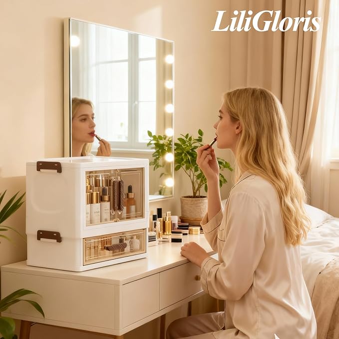 A stackable desktop organizer with drawers and compartments, ideal for storing cosmetics, beauty tools, jewelry, and school supplies in a student dorm. Features a convenient magnetic door handle.